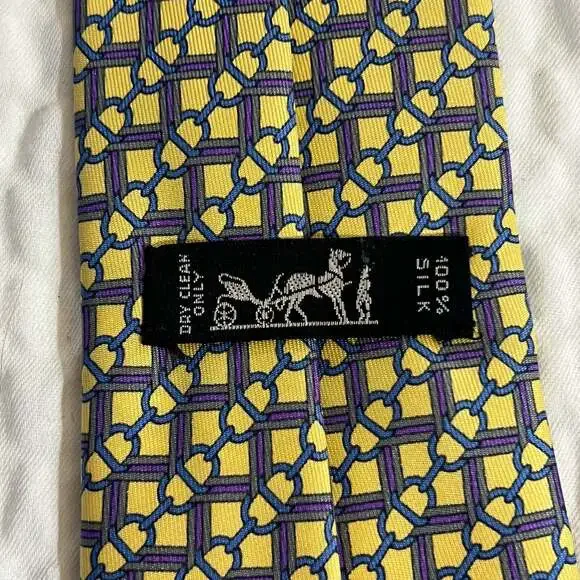 HERMÈS PARIS 630 TA Yellow Gray Links Chains Pointed French Tie Hermes 100% Silk